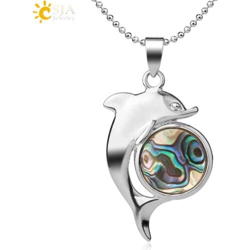 CSJA Dolphin Necklace Pendant Round Colorful Natural Abalone Shell Lovely Animal Charm Women Beach Jewelry 2020 New Arrival G408