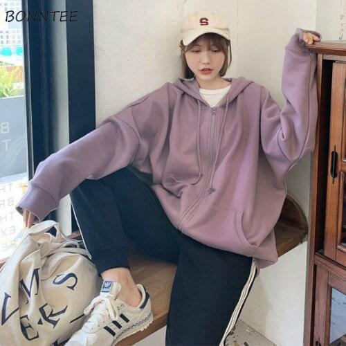 Basic Jackets Women Solid Hooded Drawstring Purple Loose Couple Boyfriend Harajuku Simple Classic Design Female Autumn Coats New