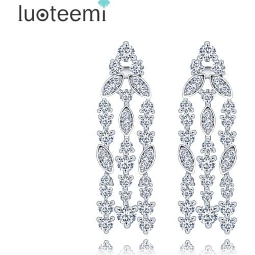 LUOTEEMI New Vintage High Quality Tassel Drop Earring For Women Luxury Jewelry CZ Crystal Long Dangle Brincos White Gold-Color