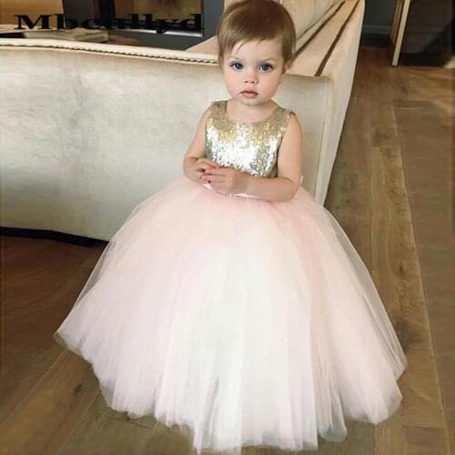 Mbcullyd Sparkle Sequined Flower Girls Dresses With Bow Puffy Ball Gown Jewel Neck Pink Birthday Communion Dress For Wedding