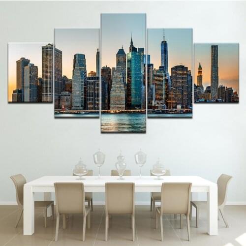Fashion Modular HD Large Canvas Painting 5 Panels Home Decor Wall Art Picture Prints of NewYork City Night View Artwork(No Frame