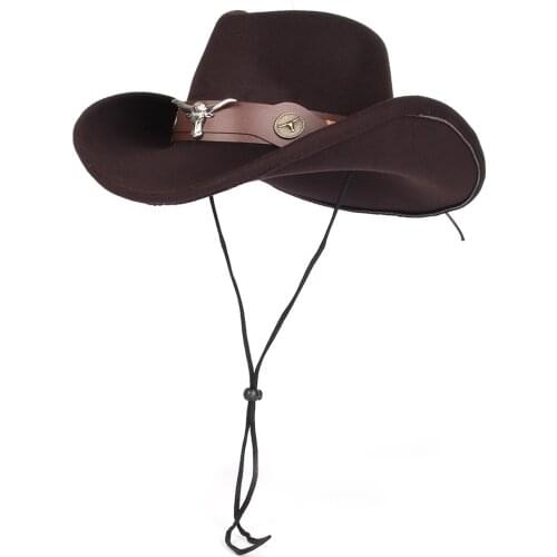 Fashion Men Wool Western Cowboy Hat With Roll Up Brim Dad Jazz Cowgirl Cap With Bulls Head Belt Fedora Church Sombrero Cap