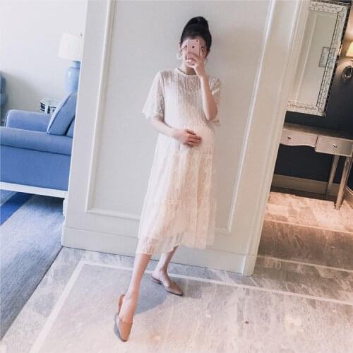 Fashion hipster summer new lace openwork pregnant women strap dress Sen retro retro knee skirt mother dress