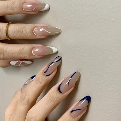 24Pcs/Box Long Almond False Nail Press on Nails Detachable Wearable Fake Nails with Lines Design Full Cover Nail Tips Manicure