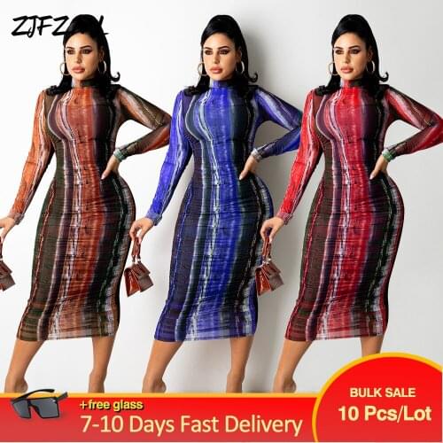 Bulk Items Wholesale Lots Womens Party Clubwear Mid Calf Dress Fashion Turtleneck Full Sleeve Bandage Dresses Female Clothing