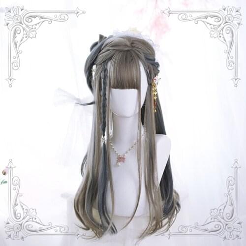 High Quality Lolita Gray Two-Tone Daily Girl Hair Tail Slight Roll Long Wig Cosplay Party
