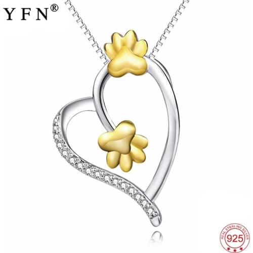 Genuine 925 Sterling Silver Love Heart Crystal Pendants Necklaces Gold Animal Paw Print Lovely Necklace Jewelry Women PYX0217
