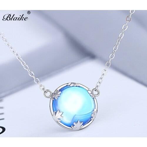 Blaike Mystery Ocean Blue Moonstone Pendants Real 925 Sterling Silver Round Opal Stone Clavicle Necklaces For Women Wedding Gift