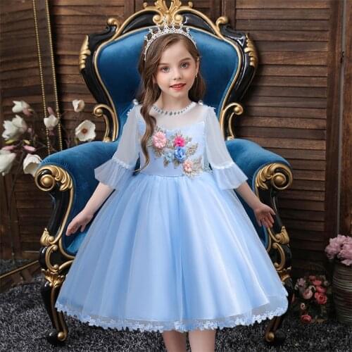 Girls Princess Party Dresses Lace Mesh Middle Sleeve Three-Dimensional Flower Dress Girl 10 Years Old Dress
