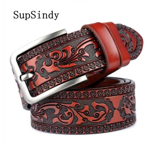 SupSindy Leather Mens Belt Pin Buckle Carved craft Cowhide Male Waistband brown fashion Luxury Top Genuine Leather Belt for Men