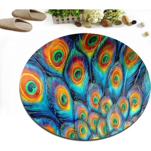 Peacock Feather Pattern Realistic Round Home Living Room Floor Cushion Bedroom Area Rug Bathroom Non-Slip Carpet Office Door Mat
