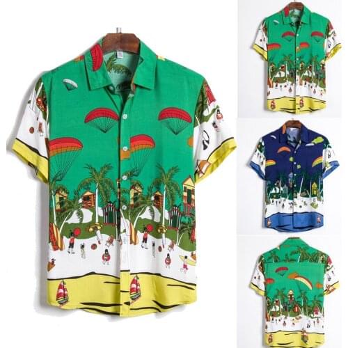 Mens Ethnic Hawaiian Short Sleeve shirt Casual Cotton Linen Printing Shirt Blouse Mens Hawaiian Vacation Print Short Sleeve #F
