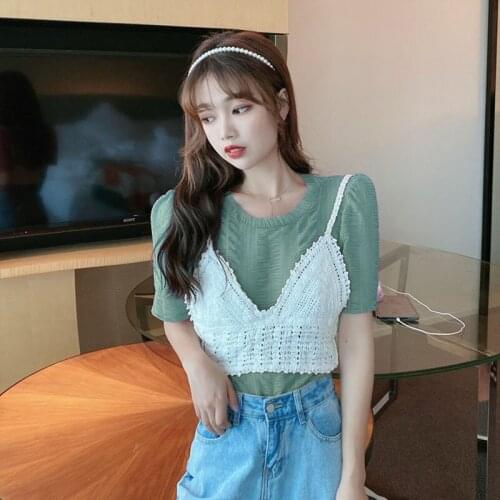 Two-piece Chiffon Shirt Lace Shirt Top Micro-transparent Mesh T-shirt + Mesh Woven Strap Summer Tshirt
