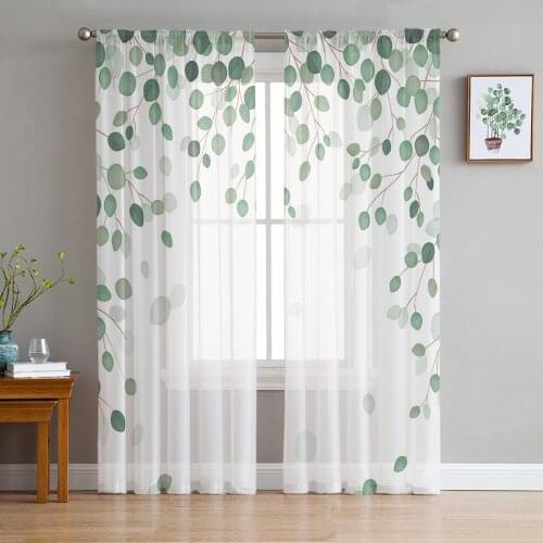 Eucalyptus Leaves Plant Green White Chiffon Tulle Curtains for Living Room Kitchen Bedroom Sheer Voile Yarn Window Treatment