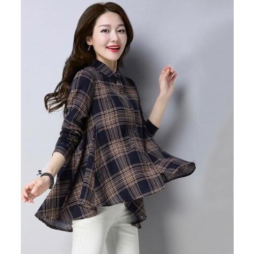 Blouse Women Loose Plaid Print Irregular Hem Long Sleeve Lapel Button Casual Shirt Spring Elegant Tops