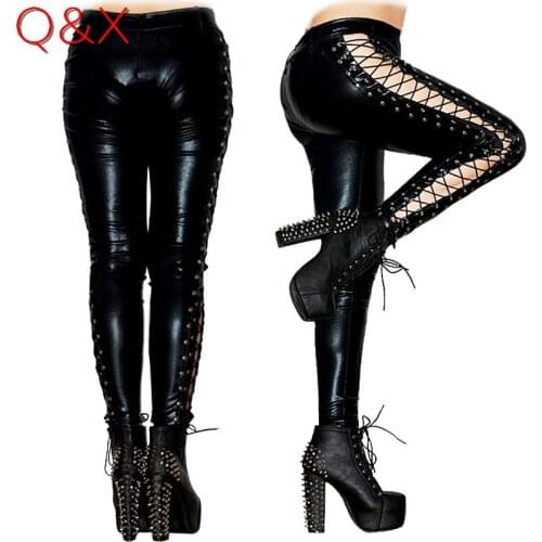 XX35 2019 Fashion New Women High Quality Faux Leather Drawstring Trousers XL Female Skinny PU Leather Legging Femme Low Pants