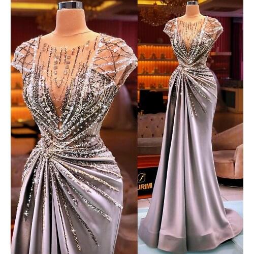 2021 Plus Size Arabic Mermaid Prom Dresses Luxury Beading Sequined Pleats Short Sleeve Women Long Formal Evening Gowns