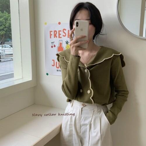 Women Autumn Winter Green Short Sweater Coat Retro Gentle Double Breasted Knitted Cardigan Coat Casual Long Sleeve Outwear
