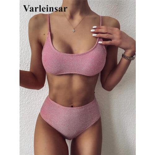 Female Swimsuit High Waist Bikini 2021 Women Swimwear Two-pieces Bikini set Glitter Sparkling Bather Bathing Suit Swim V2296