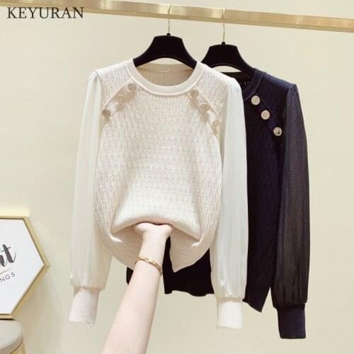 Female Chiffon Long Sleeve Patchwork Pullover Sweater Chic Buttons Women Jumpers Knitted Sweaters Bottoming Tops 2021 Autumn New