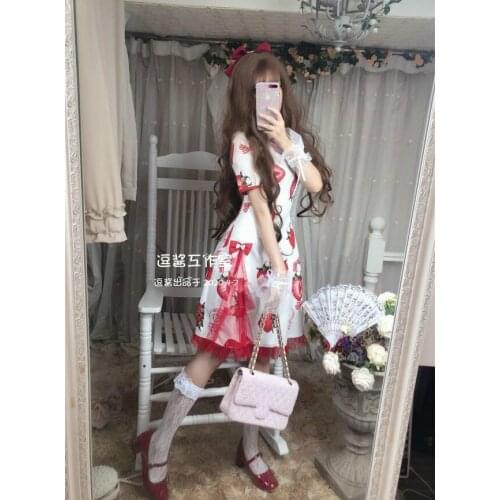 New Harajuku Gothic Women Fashion White Strawberry Printed Cheongsam Dress Female Lolita Temperament Slim Sweet Kawaii Dress