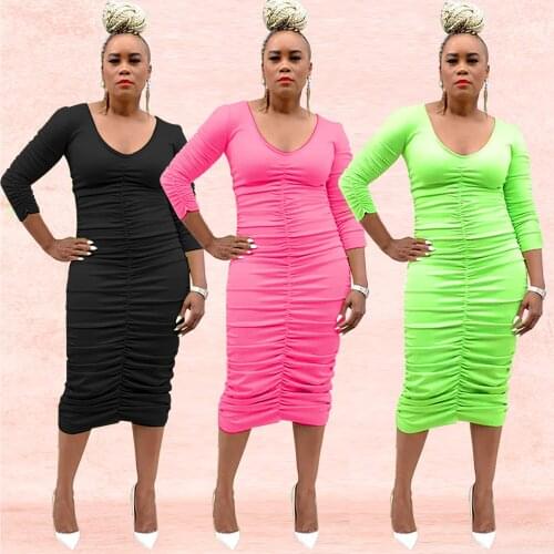 FNOCE 2020 autumn womens dresses fashion trends casual solid Three Quarter sleeve o-neck Draped tight slim Mid-Calf dress