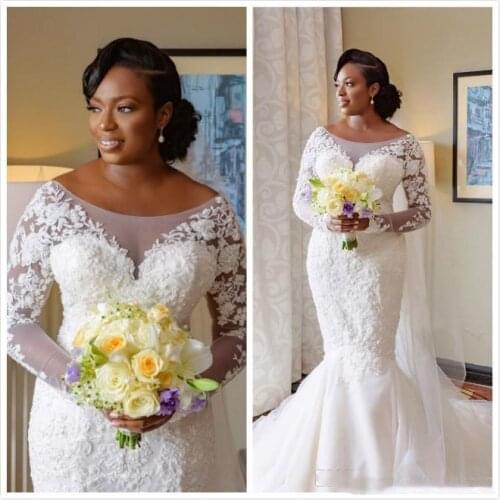 Arabic Plus Size Lace Beaded Wedding Dresses Long Sleeves Mermaid Bridal Dresses Vintage Wedding Gowns Vestidos De Novia