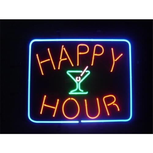 17*14" HAPPY HOUR LIGHT BEER NEON SIGN REAL GLASS BEER BAR PUB LIGHT SIGNS store display Restaurant Shop Advertising Lights