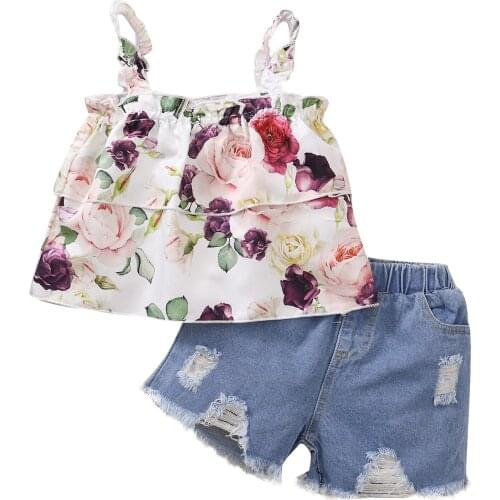 2021 2 Pieces Kids Suit Set, Girls Flower Print Square Collar Sleeveless Tops+ Denim Shorts for Summer