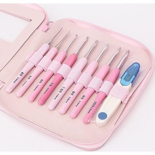 9pcs/set Handle Pink Crochet Hook Set Aluminum 1.0-10mm Knitting Needles Weave Craft Yarn Crochet Medium Roving Sewing Tools kit