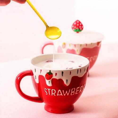 Oatmeal Cup Net Red Breakfast Cup Strawberry Cup With Lid Spoon Milk Household Ceramic Cup Japanese Girl Yogurt Mug Coffee Cup
