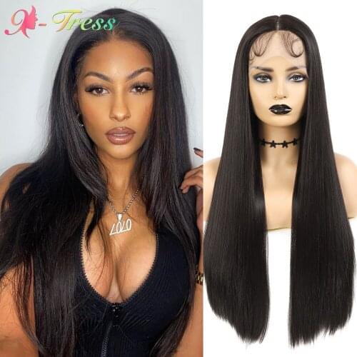 Long Straight Synthetic Lace Front Wigs for Black Women X-TRESS Dark Brown Natural Looking Middle Part Lace Wig with Baby Hair