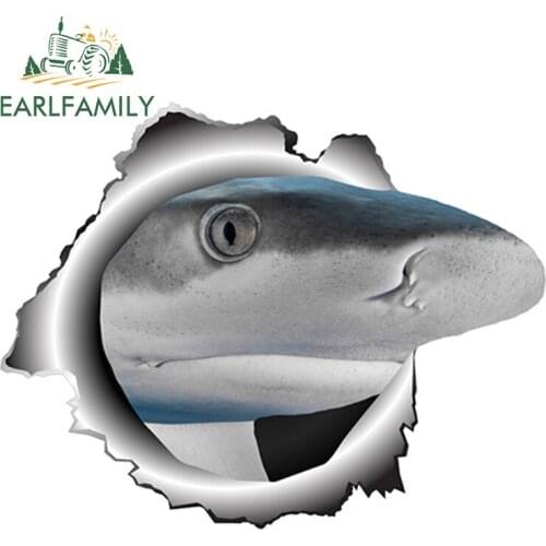 EARLFAMILY 13cm x 10.2cm 3D Shark Vinyl Sticker Torn Metal Decal Personality Fish Car Stickers Nautical Skateboard Laptop Decor