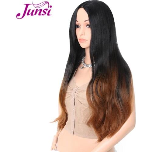 JUNSI Synthetic Ombre Wigs for Women Long Natural Wavy Cosplay Dark Brown Hairstyle