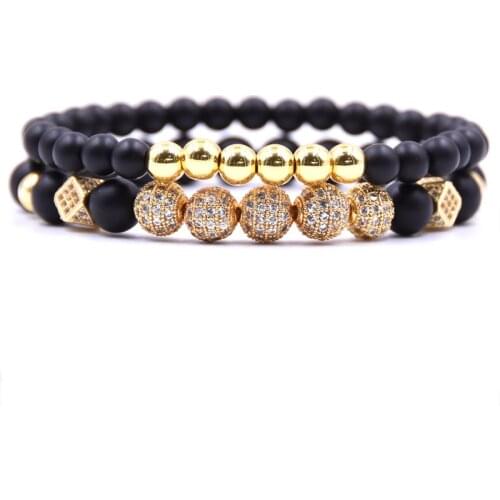 KANGKANG 2Pcs/Set 2019 Dazzling 8mm&6mm Matte Black stone Bracelet Pave CZ Ball Bracelets for friend gift Creative DIY Jewelry