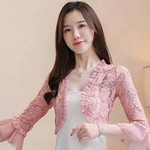 Summer 2021 Lace Shirt Women Blouse Hollow Out Lace Crochet Short Tops Cardigan Shawl Waistcoat Vest Blusas Femininas