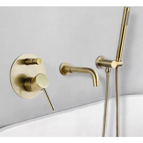Brushed Gold Bathtub Faucet Mixer Hot And Cold Water Shower Set Wall Mounted Bathroom Shower Faucet Bath Spout Shower Tap
