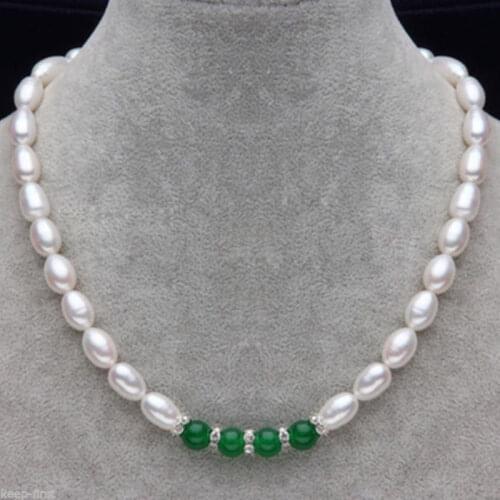 Fashion 7-8mm Natural White Freshwater Rice Pearl & 10mm stone Necklace 18