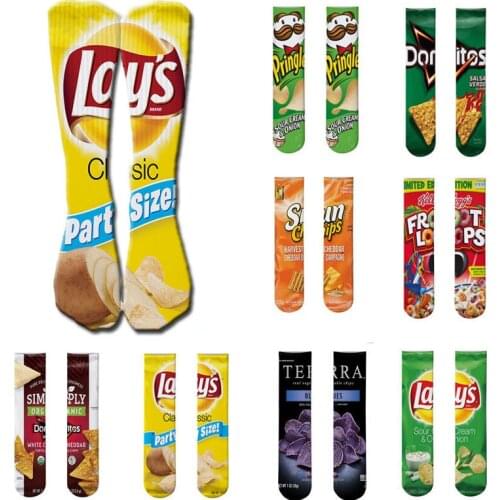 1 pair Happy Funny women socks Unisex Art Socks Men printing Potato chips Knee High Socks cotton Long socks For Christmas Gift