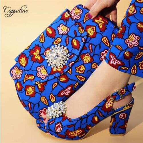 Latest blue print wax fabric shoes and bag set African women high heel sandals with handbag pumps purse A5638 height 9.3cm