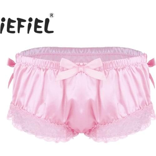 New Arrival Fashion Mens Male Sissy Shiny Soft Satin Lingerie Ruffled Floral Lace Cute Bowknot Knickers Briefs Underwear Panties