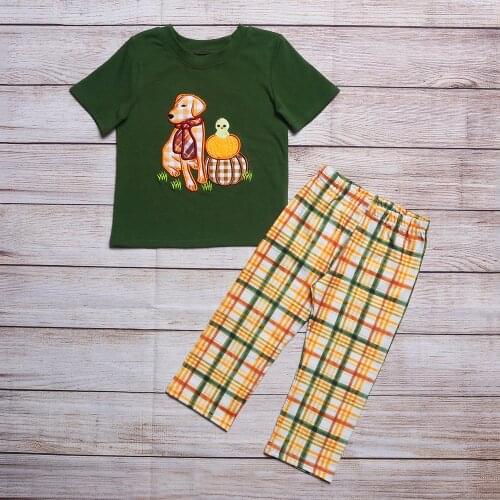 2021 Fall Style Pure Cotton Baby Boys Suit Green Short-Sleeved Top Dog,Pumpkin Embroidery And Plaid Trousers Children Clothing