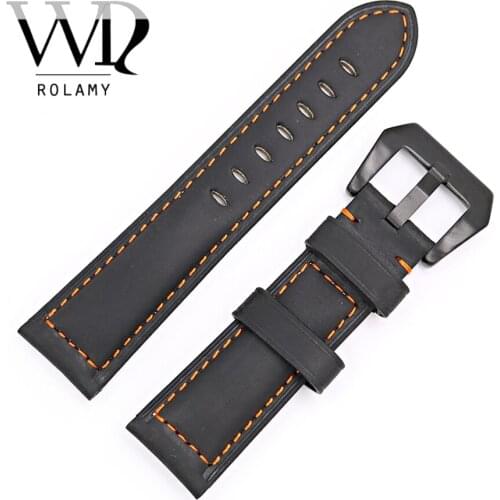 Rolamy 22 24mm Black Real Leather Handmade Replacement Thick Vintage Wrist Watch Band Strap With Black Color Brushed Buckle