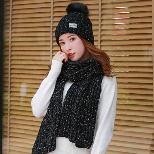 New Women Winter Hat & Scarf Set High Quality Add Fur Lined Flanging Cap Stylish Wool Beanie Hat Female Warm Thick Knitted Hat