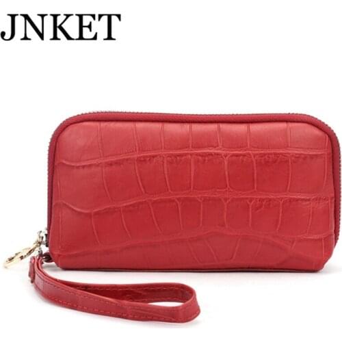 JNKET New Dermis Ladies Handbag All-match Stone Embossed Long Cellphone Bag Wallet Bags Cowhide Zipper Wrist Bag