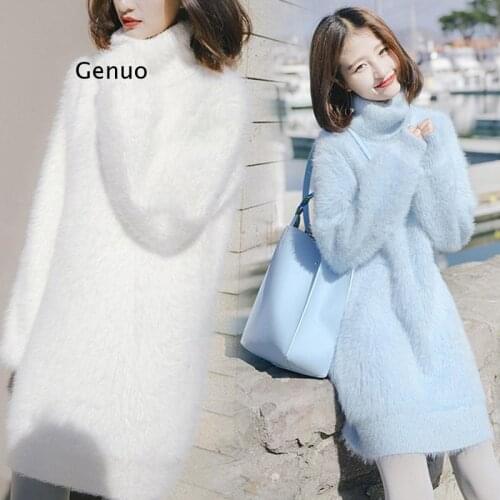 Womens High Neck Sweater Soft Milk Blue Mink Fleece Pullover Sweater Loose Womens Wear Sweater Dress Turtleneck