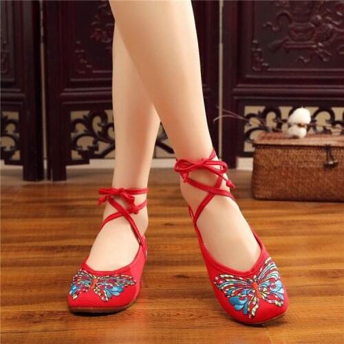 Womens Shoes Old Peking Lace-up Flats Butterfly Embroidery Soft Sole Casual Dancing Shoes Woman