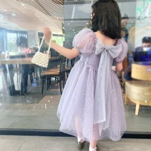 2021 summer new girls back bow sparkle tulle princess dresses wholesale kids dress for girl