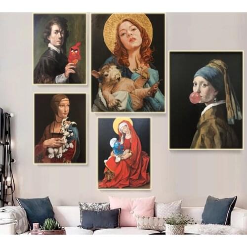 Funny Spoof Mona Lisa Girl with Pearl Earring Canvas Painting Graffiti Art Portrait Poster Prints Wall Picture for Home Decor