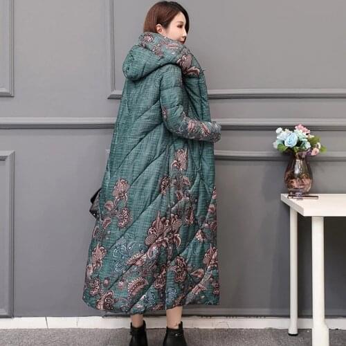 Women X-long Winter Jacket Floral Embroidery Thick Warm Overcoat Female Hooded Loose Button Cotton Parkas Outerwear Coat Ladies